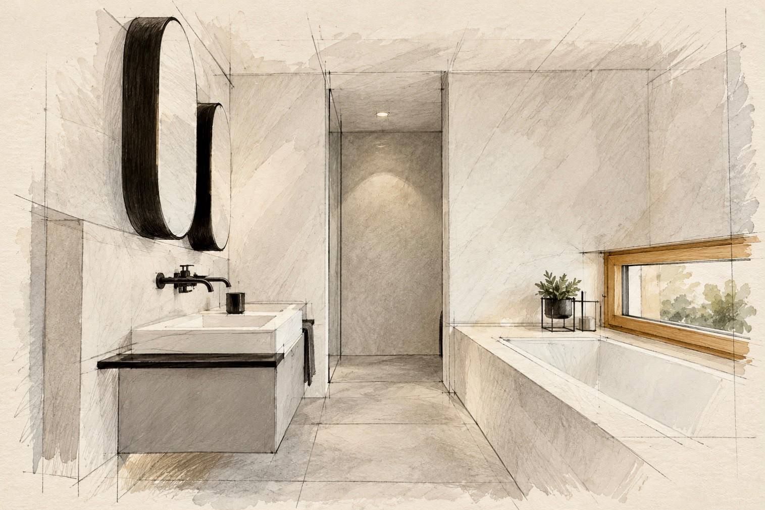Skizze von modernem Badezimmer mit großformatigen Fliesen, Waschtisch und Badewanne